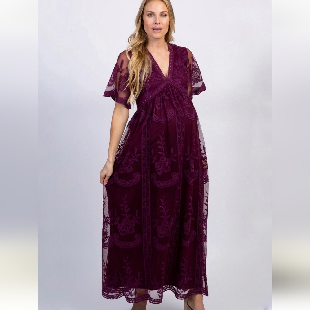 NEW Pinkblush Deep Burgundy Lace Mesh Overlay Maternity Dress Size M